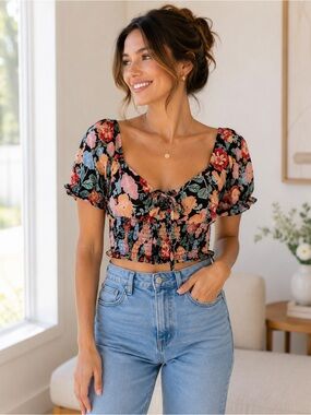 GLS Collective Black Floral Tie-Front Smocked Crop Top